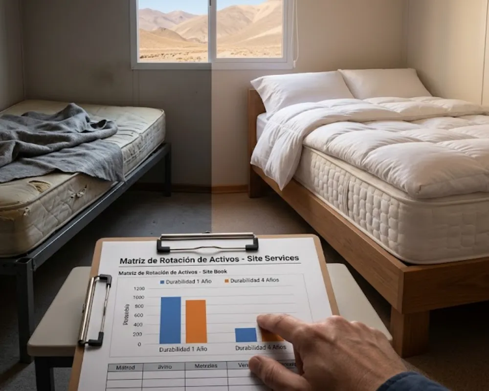 Contenido Original de ACERO Y ROCA - Prohibida su reproducción Habitaciones de campamento minero en San Juan: una con equipamiento de baja gama y otra con colchones y sábanas premium. Imagen ilustrativa de Acero y Roca.