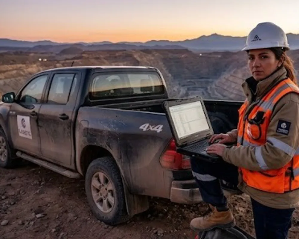 Contenido Original de ACERO Y ROCA - Prohibida su reproducción Trabajador minero con equipo de seguridad y computadora en zona de obra. Imagen ilustrativa de Acero y Roca.