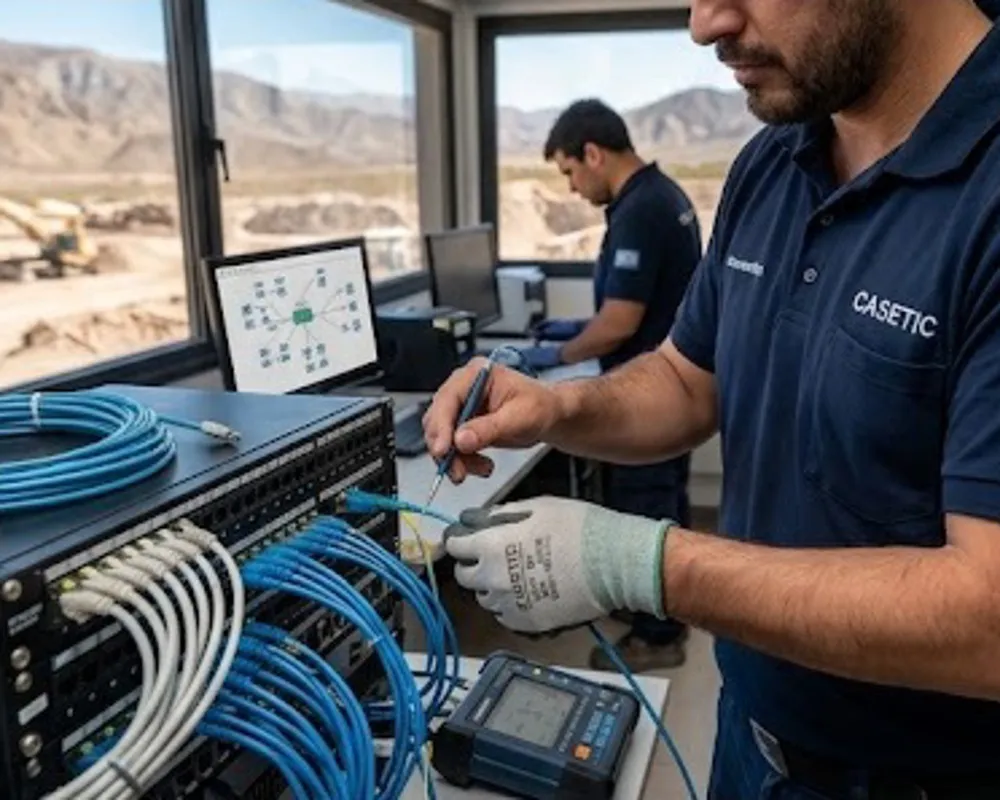 Contenido Original de ACERO Y ROCA - Prohibida su reproducción Ingeniero de redes trabajando en infraestructura de conectividad minera. Imagen ilustrativa de Acero y Roca.