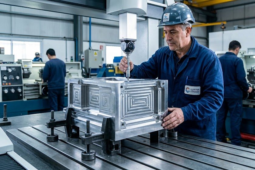 Taller industrial metalmecánico de alta tecnología con operarios trabajando en piezas de precisión para maquinaria pesada. Contenido Original de ACERO Y ROCA - Prohibida su reproducción