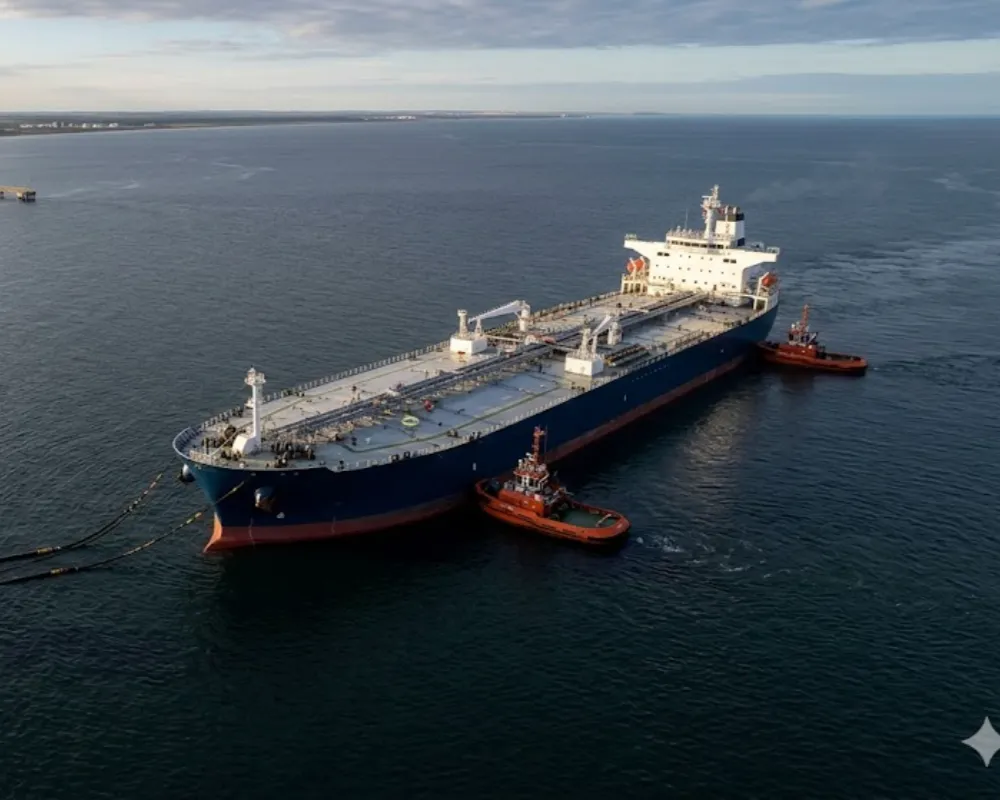 Contenido Original de ACERO Y ROCA - Prohibida su reproducción Imagen aérea y lateral hiperrealista que captura un petrolero VLCC (Very Large Crude Carrier). Imagen ilustrativa de Acero y Roca.