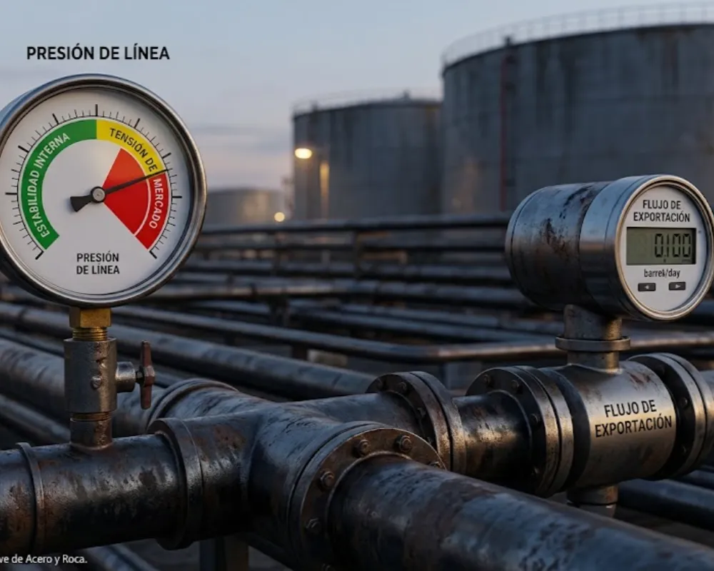 Contenido Original de ACERO Y ROCA - Prohibida su reproducción Manómetro industrial y un medidor de flujo adjuntos a un nodo complejo de tuberías de crudo. Imagen ilustrativa de Acero y Roca.