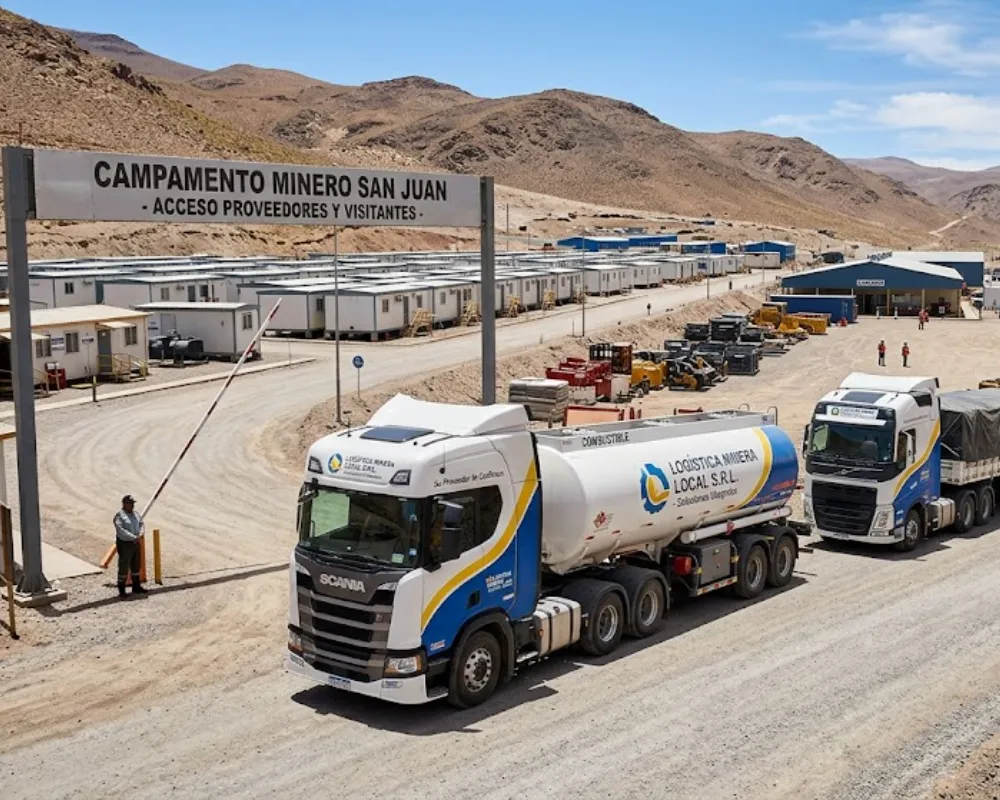 Flota de camiones logísticos modernos de una empresa proveedora local ingresando a un campamento minero. Imagen ilustrativa de Acero y Roca.