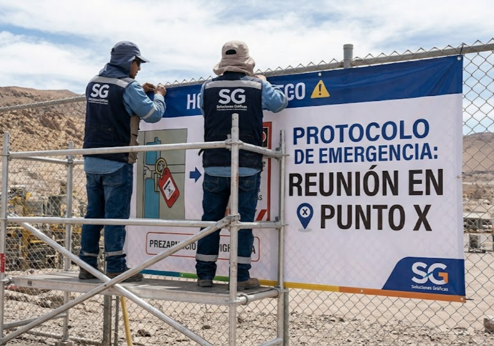 Proveedores locales montando señalética en una operación minera. Contenido Original de ACERO Y ROCA - Prohibida su reproducción