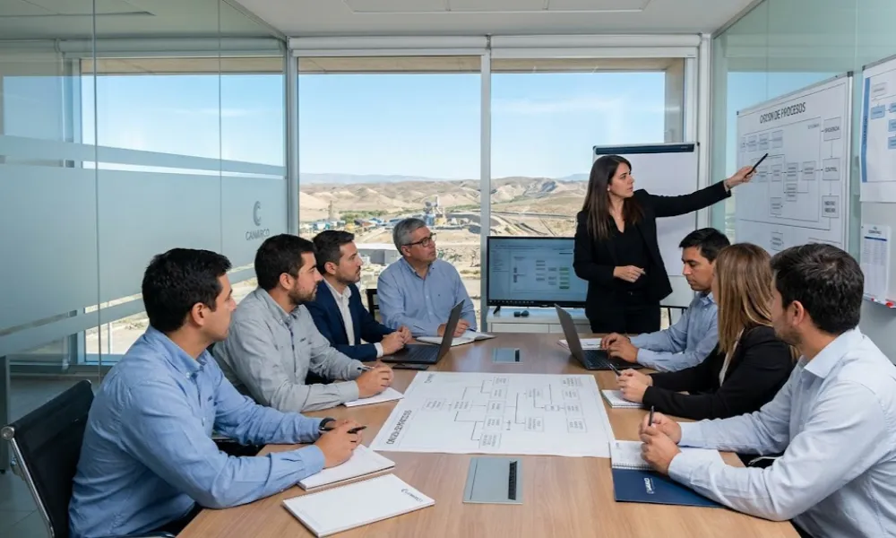 Reunión de negocios en San Juan, Argentina, que muestra a empresarios locales e ingenieros de minas enfocados en diagramas de flujo de trabajo en una oficina industrial moderna. Contenido Original de ACERO Y ROCA - Prohibida su reproducción