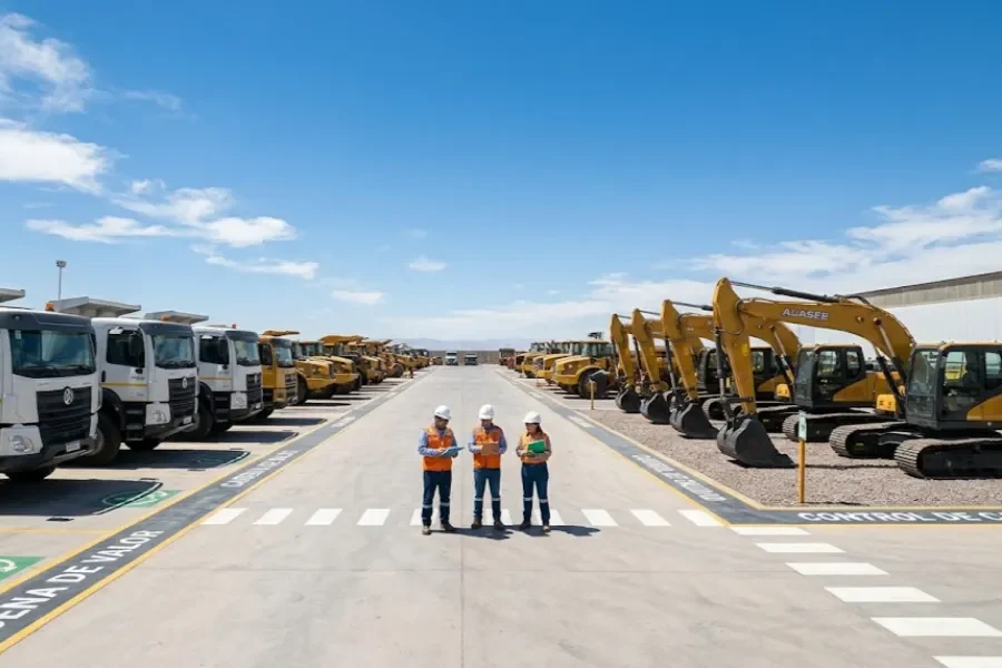Una vista panorámica y cinematográfica de un moderno centro logístico minero en San Juan, Argentina, con equipos organizados y personal profesional bajo un cielo azul claro.