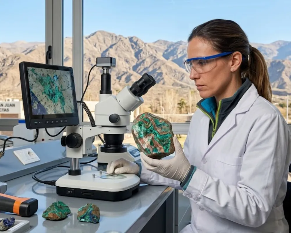 Contenido Original de ACERO Y ROCA - Prohibida su reproducción Geólogo analizando muestras de cobre en laboratorio de alta tecnología en San Juan. Imagen ilustrativa de Acero y Roca.