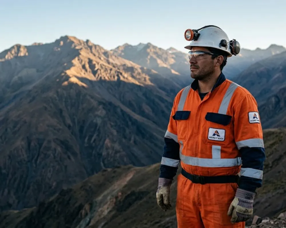 Contenido Original de ACERO Y ROCA - Prohibida su reproducción Retrato de perfil de un minero con casco blanco, anteojos de seguridad y mameluco naranja reflectante, observando la cordillera de los Andes durante el amanecer. Imagen ilustrativa de Acero y Roca.
