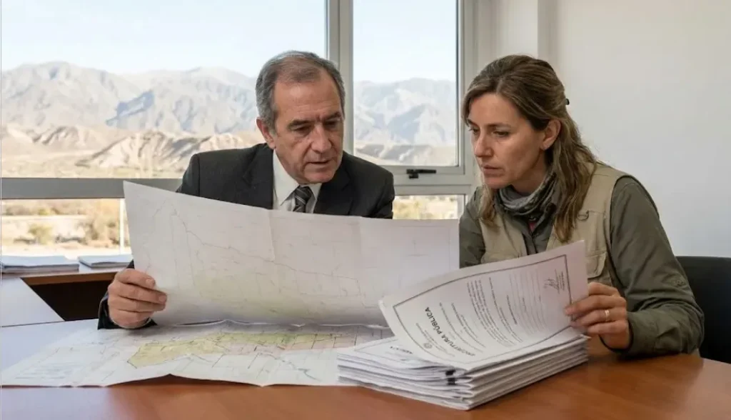 Seguridad jurídica minera. Una geóloga y un escribano revisando papeles. Imagen ilustrativa de Acero y Roca