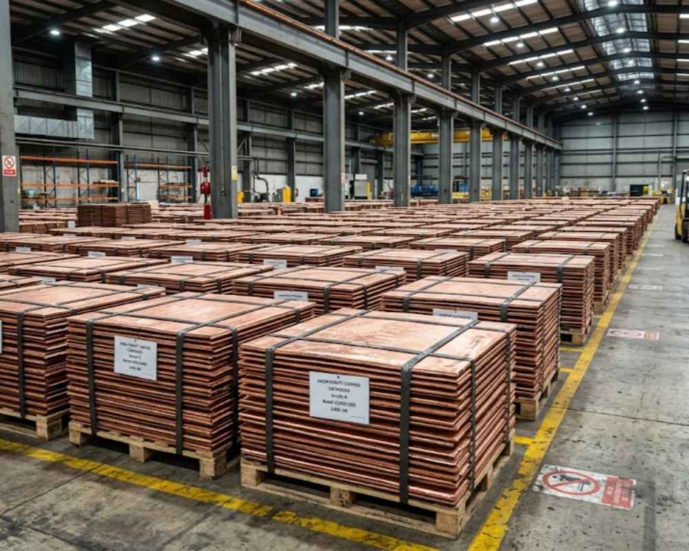 Almacenamiento industrial de cátodos de cobre de alta pureza procesados en yacimiento minero. Contenido Original de ACERO Y ROCA