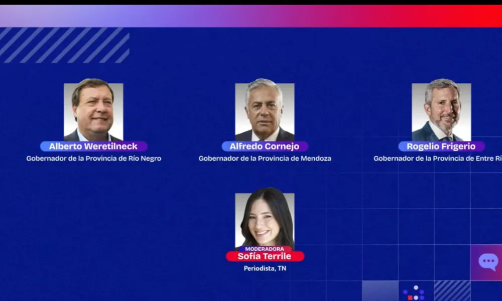 captura de pantalla con retratos de Debate federal I Alberto Weretilneck (Gobernador de Río Negro), Alfredo Cornejo (Gobernador de Mendoza), y Rogelio Frigerio (Gobernador de Entre Ríos). Modera: Sofía Terrile, TN