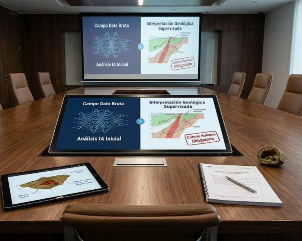 Monitor de mesa interactivo y la proyección de pared comparan simbólicamente "Datos de IA inicial" y "Criterio Humano Obligatorio." Contenido Original de ACERO Y ROCA