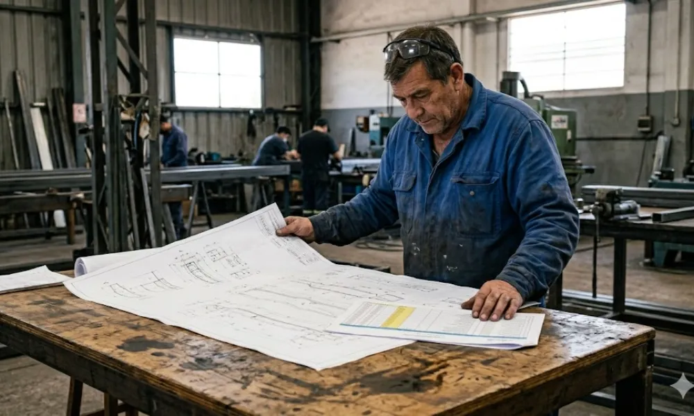 Operario en taller industrial de San Juan analizando el impacto laboral en el sector secundario. Imagen ilustrativa de Acero y Roca.