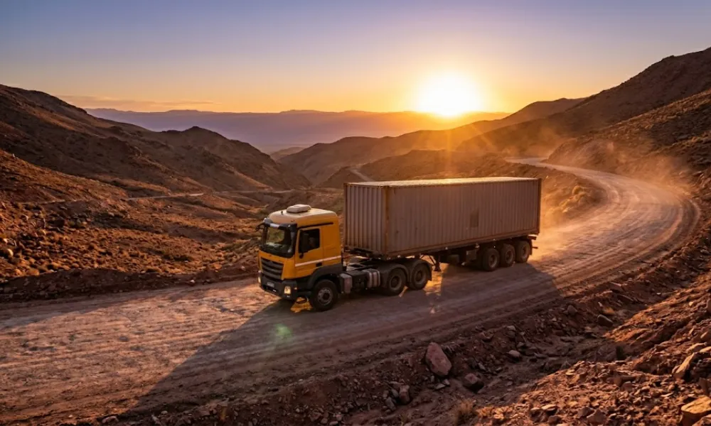 Transporte de carga e insumos para el sector minero circulando por rutas de San Juan. Imagen ilustrativa de Acero y Roca.