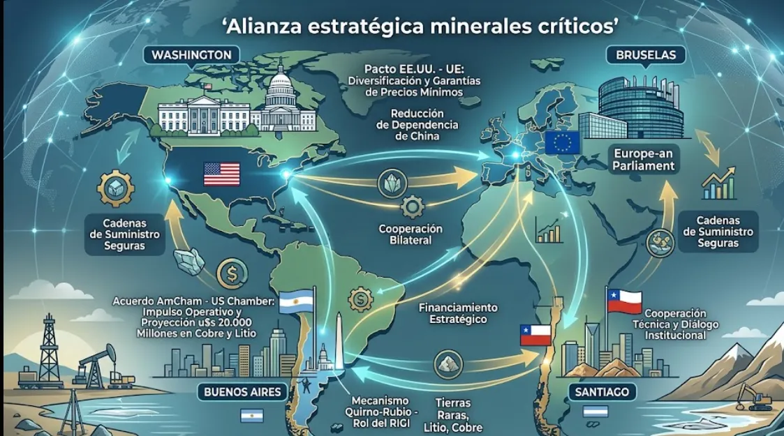 Infografía que representa la alianza por los minerales críticos. Contenido Original de ACERO Y ROCA - Prohibida su reproducción
