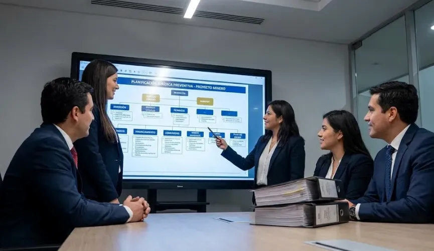 Seguridad jurídica minera. Equipo de trabajo realizando una capacitación. Imagen ilustrativa de Acero y Roca