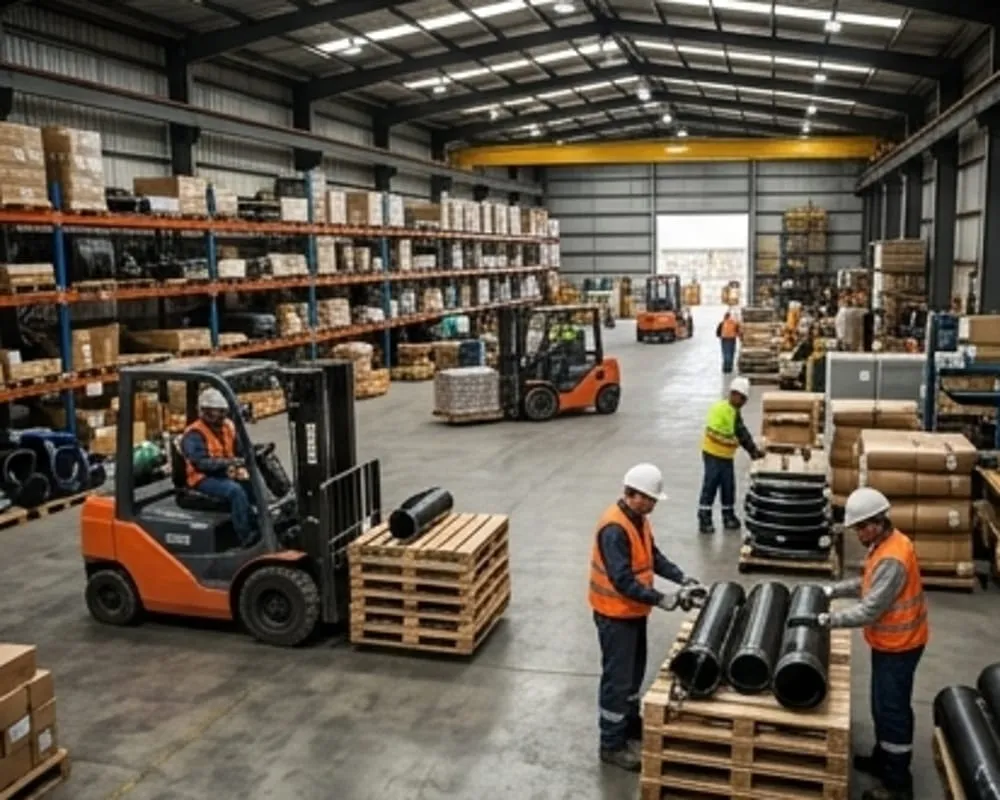 Contenido Original de ACERO Y ROCA - Prohibida su reproducción Trabajadores preparando insumos industriales y logísticos en un depósito de proveedores mineros. Imagen ilustrativa de Acero y Roca.