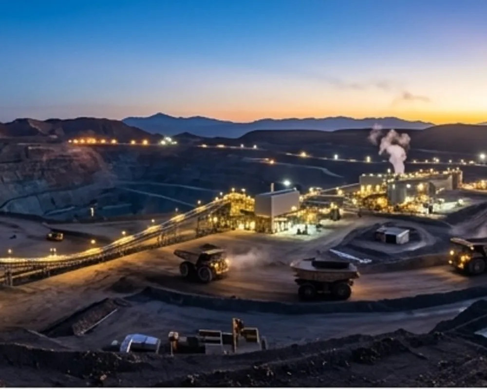 Contenido Original de ACERO Y ROCA - Prohibida su reproducción Vista panorámica de una mina de cobre moderna operando a plena capacidad durante el amanecer cordillerano. Imagen ilustrativa de Acero y Roca.