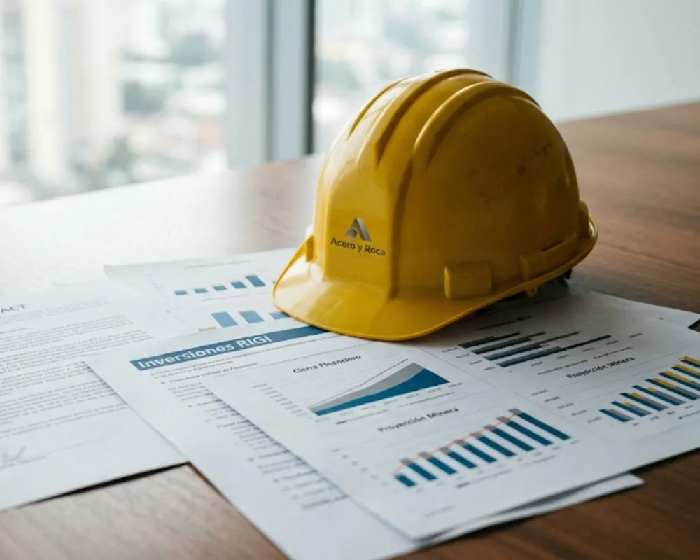 Imagen ilustrativa de Acero y Roca. Documentos de evaluación financiera y cascos mineros sobre una mesa de reuniones corporativa. Imagen ilustrativa de Acero y Roca.