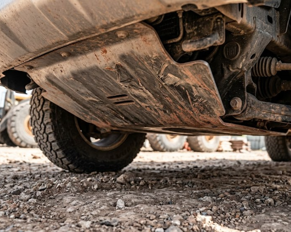 Detalle de las protecciones inferiores skid plates y suspensión en la pick-up minera. Contenido Original de ACERO Y ROCA - Prohibida su reproducción