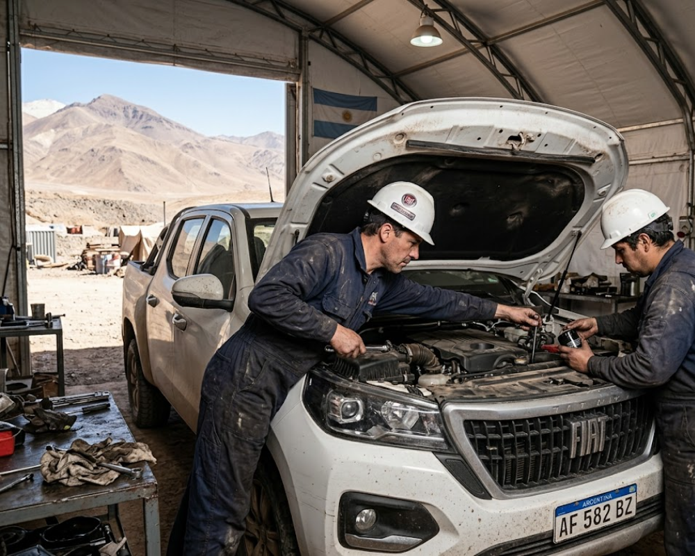 Mecánicos evaluando el motor de una flota minera en taller de campaña. Contenido Original de ACERO Y ROCA - Prohibida su reproducción