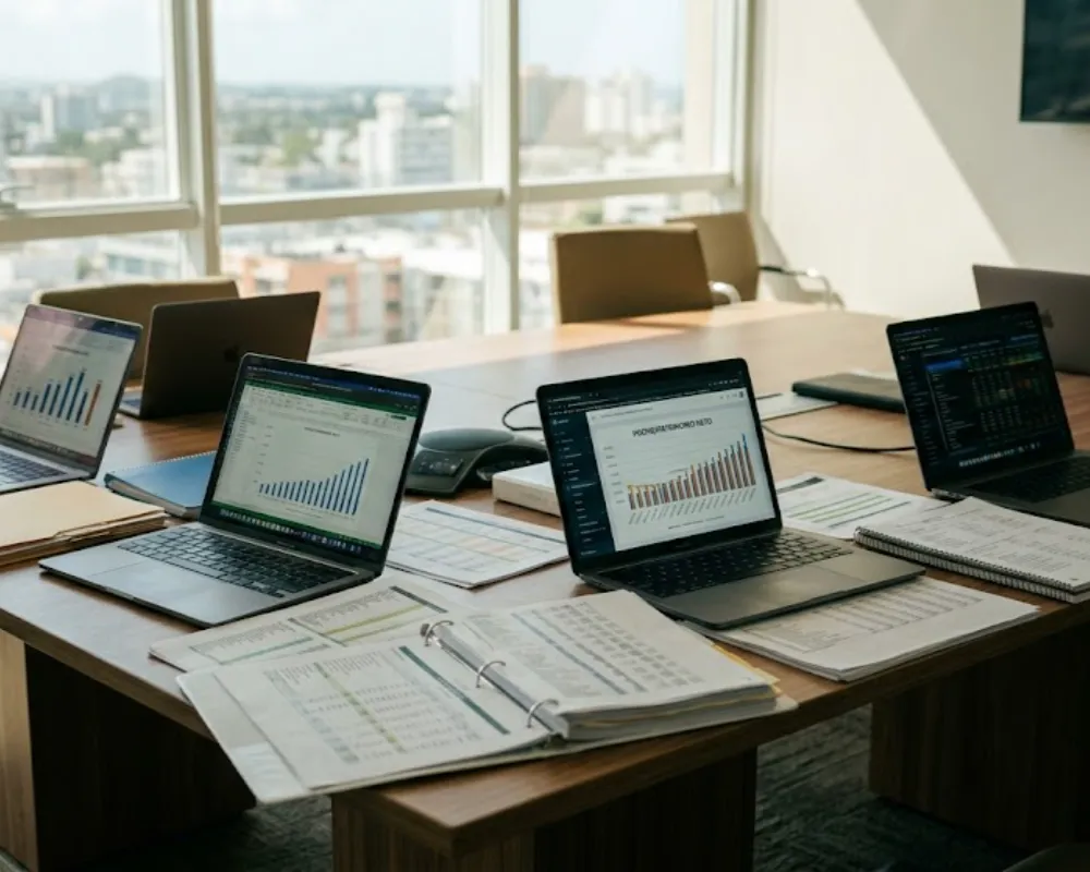 Contenido Original de ACERO Y ROCA - Prohibida su reproducción Una sala de reuniones moderna en San Juan, con luz diurna entrando por la ventana, mostrando una mesa de conferencias vacía. Imagen ilustrativa de Acero y Roca