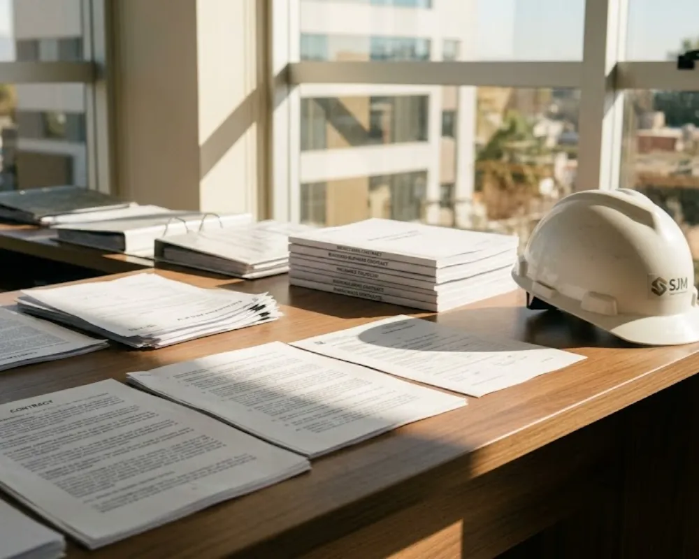 Contenido Original de ACERO Y ROCA - Prohibida su reproducción Escritorio de oficina moderno en San Juan, Argentina, cerca de una ventana. Sobre el escritorio hay contratos y pólizas de seguros. Imagen ilustrativa de Acero y Roca