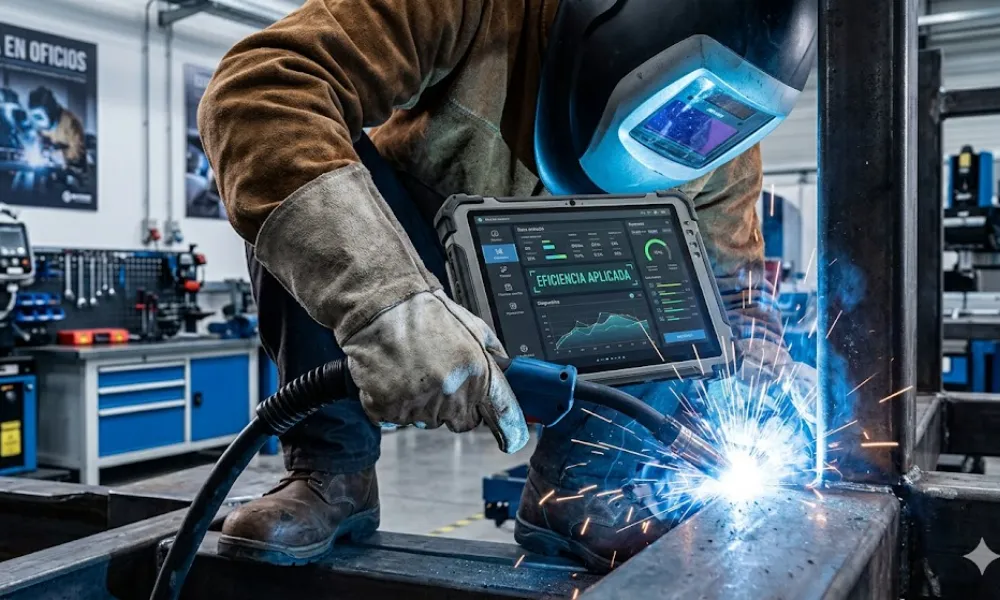 Contenido Original de ACERO Y ROCA - Prohibida su reproducción Soldador profesional utilizando herramientas digitales de diagnóstico en un taller industrial. Imagen ilustrativa de Acero y Roca.