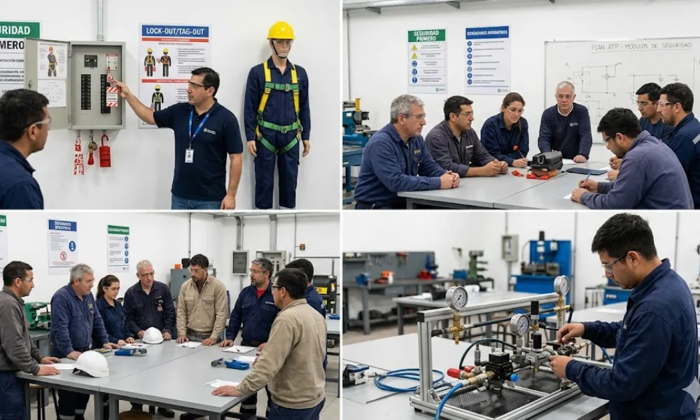 Contenido Original de ACERO Y ROCA - Prohibida su reproducción Centro de formación técnica en San Juan con estudiantes y equipamiento industrial. Imagen ilustrativa de Acero y Roca.