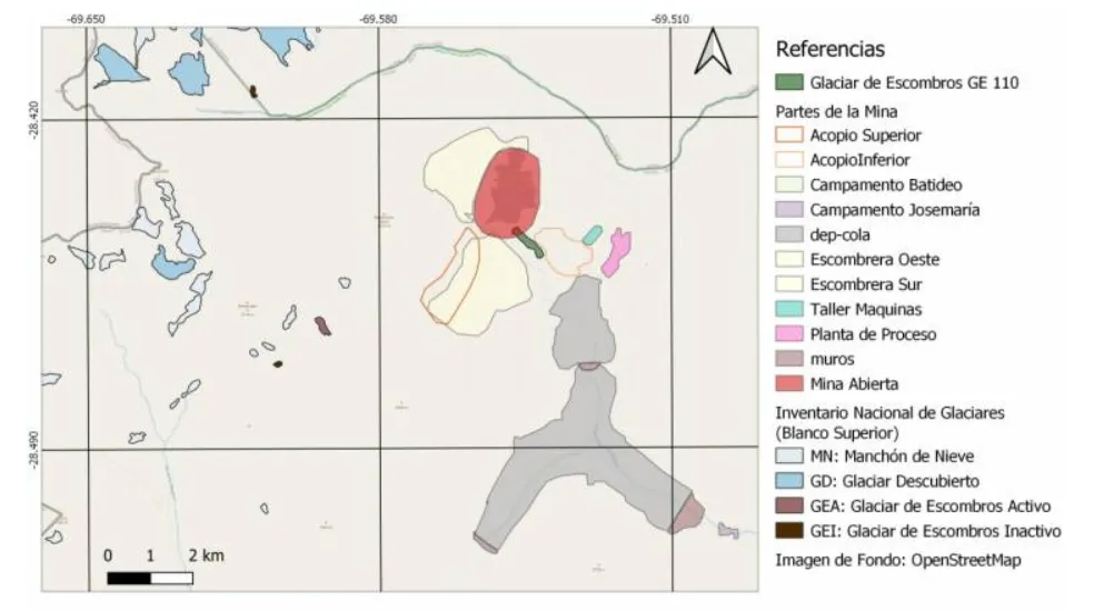 Inventario Nacional de Glaciares, glaciar de escombros GE 110 y las partes proyectadas para realizar la mina Josemaría en el Departamento de Iglesia.