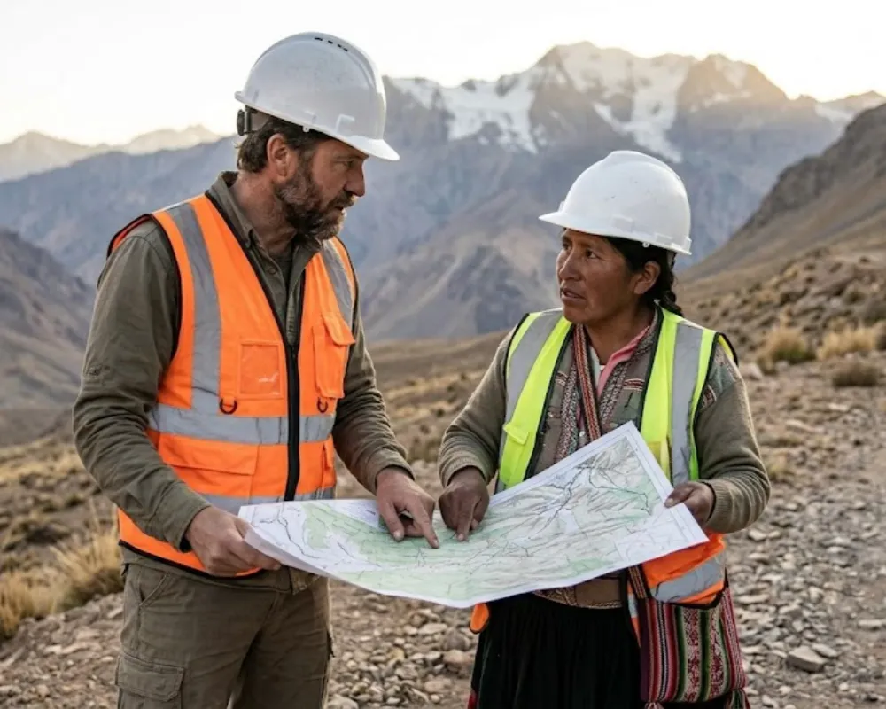 Geólogo y referente comunitario analizando mapas en un terreno montañoso árido. Contenido Original de ACERO Y ROCA - Prohibida su reproducción