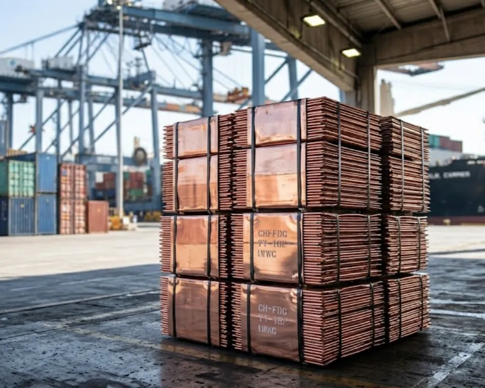 Cátodos de cobre listos para la exportación en un puerto industrial. Contenido Original de ACERO Y ROCA - Prohibida su reproducción