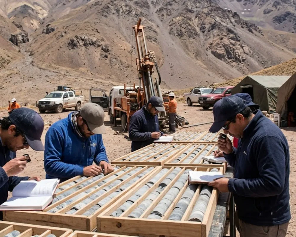 Geólogos analizando muestras de roca en un campamento de exploración minera en la cordillera de los Andes. Contenido Original de ACERO Y ROCA - Prohibida su reproducción