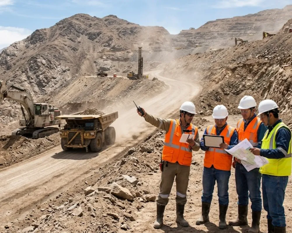 Ingenieros y maquinaria pesada trabajando coordinadamente durante la fase de construcción de un proyecto minero. Contenido Original de ACERO Y ROCA - Prohibida su reproducción