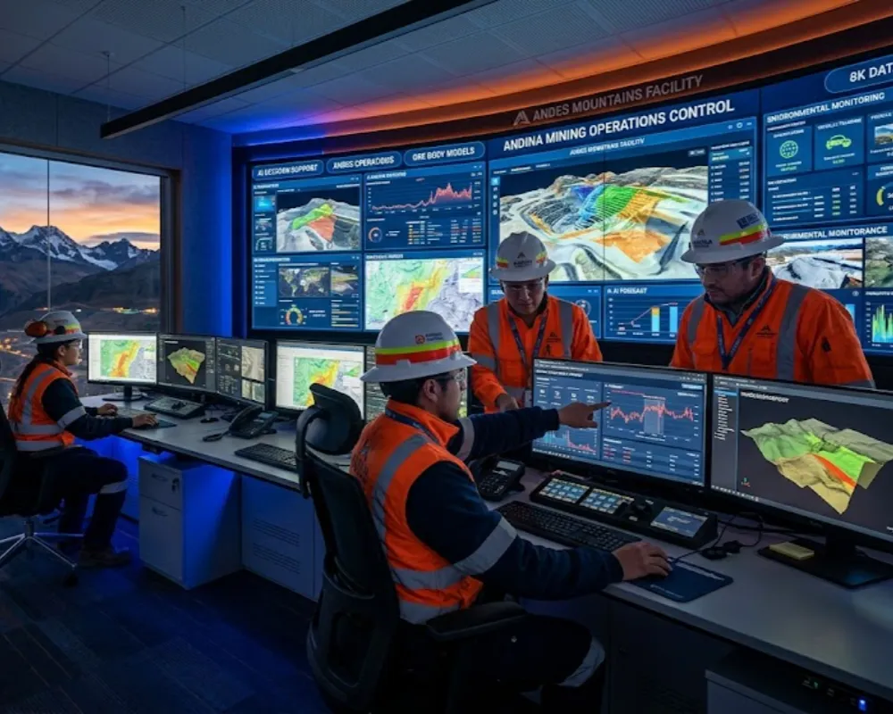 Ingenieros mineros analizando paneles de datos e inteligencia artificial en una sala de control de operaciones cordilleranas. Contenido Original de ACERO Y ROCA - Prohibida su reproducción