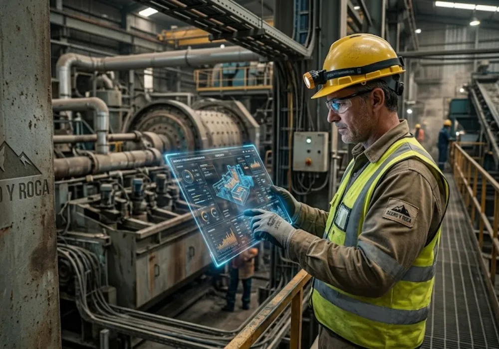 Ingeniero minero utilizando tecnología predictiva en una planta de procesamiento. Contenido Original de ACERO Y ROCA - Prohibida su reproducción