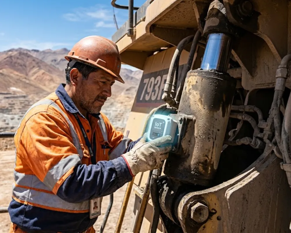 Proveedor local sanjuanino inspeccionando equipamiento minero con tecnología de trazabilidad IoT integrada. Contenido Original de ACERO Y ROCA - Prohibida su reproducción