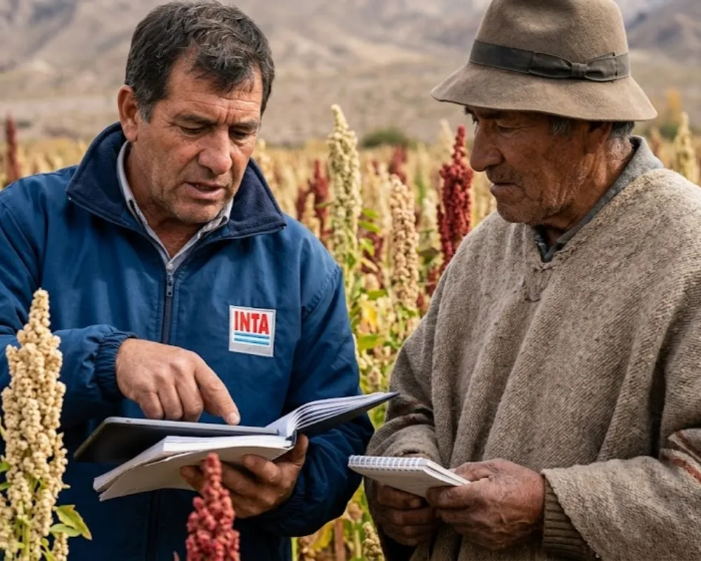 Imagen de Acero y Roca Ingeniero agrónomo del INTA brindando asistencia técnica personalizada a un productor de quinua. Imagen ilustrativa de Acero y Roca.