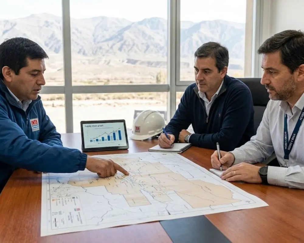 Contenido Original de ACERO Y ROCA - Prohibida su reproducción Mesa de trabajo entre técnicos del INTA y representantes del sector minero en San Juan. Imagen ilustrativa de Acero y Roca.