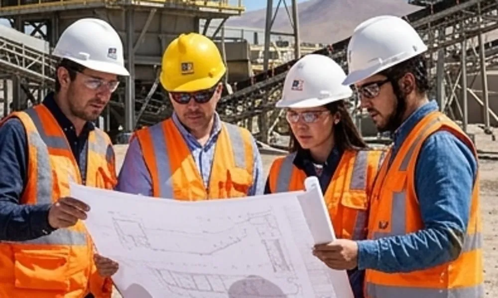 Equipo de ingenieros revisando planos técnicos junto a una enorme planta de procesamiento mineral, con texturas metálicas precisas y estética corporativa limpia. Contenido Original de ACERO Y ROCA - Prohibida su reproducción