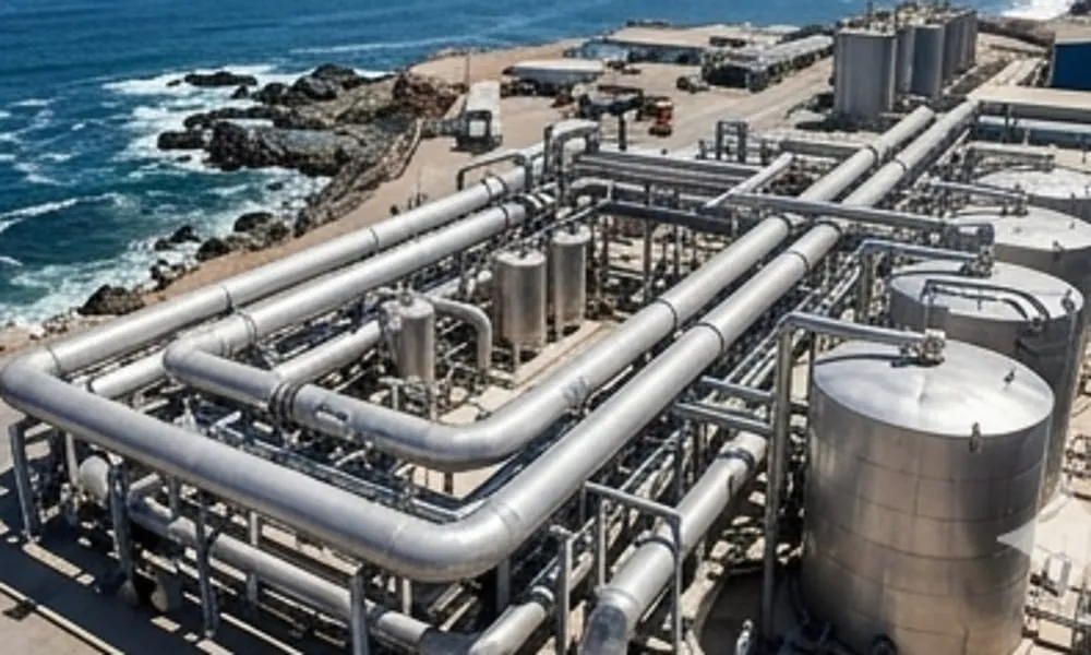 Instalaciones industriales de desalinización de agua junto a la costa marina, con tuberías de acero brillante y diseño de ingeniería de vanguardia. Contenido Original de ACERO Y ROCA - Prohibida su reproducción