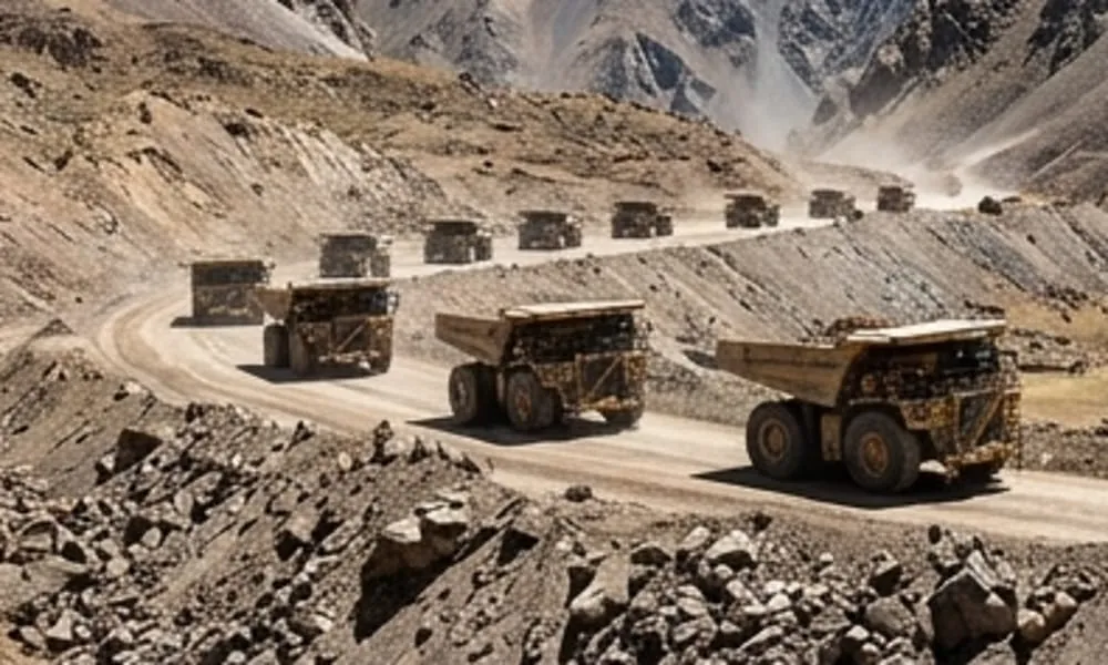 Camiones mineros de gran tonelaje transitando por un paso fronterizo de alta montaña, con detalles nítidos del terreno rocoso y la luz natural.