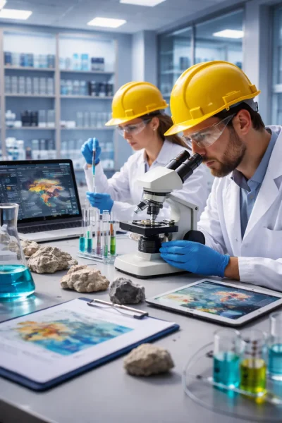 Investigadores trabajando en laboratorio con equipamiento científico moderno.