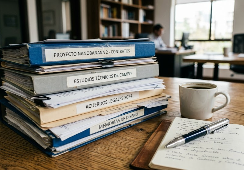 Documentos y pliegos técnicos sobre un escritorio para licitación minera. Contenido Original de ACERO Y ROCA