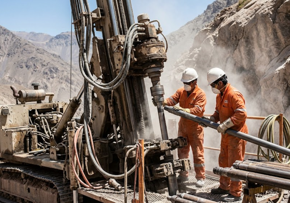Máquina perforadora diamantina trabajando en un proyecto de exploración en la cordillera. Contenido Original de ACERO Y ROCA