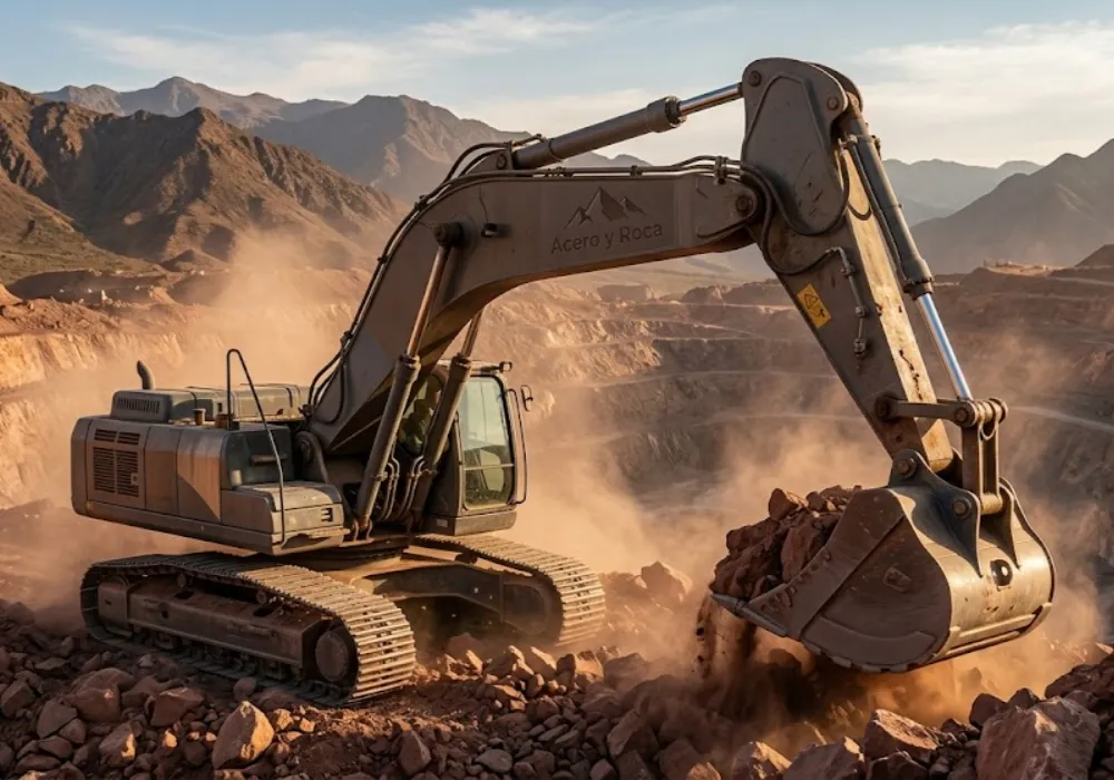 Maquinaria pesada trabajando en un proyecto minero en San Juan bajo lineamientos de la Ley de Desarrollo Local Minero. Contenido Original de ACERO Y ROCA - Prohibida su reproducción