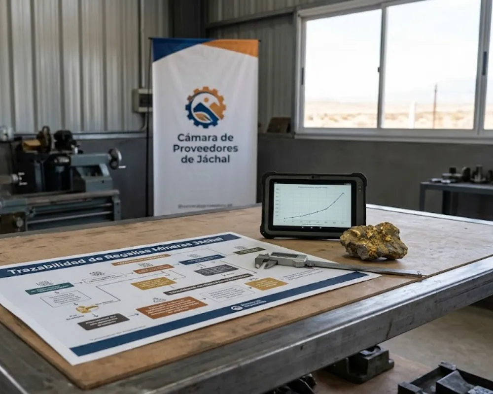 Contenido Original de ACERO Y ROCA - Prohibida su reproducción Fotografía fotorrealista de un taller de ingeniería técnico en Jáchal, San Juan, con gráficos de trazabilidad de regalías mineras. Imagen ilustrativa de Acero y Roca.