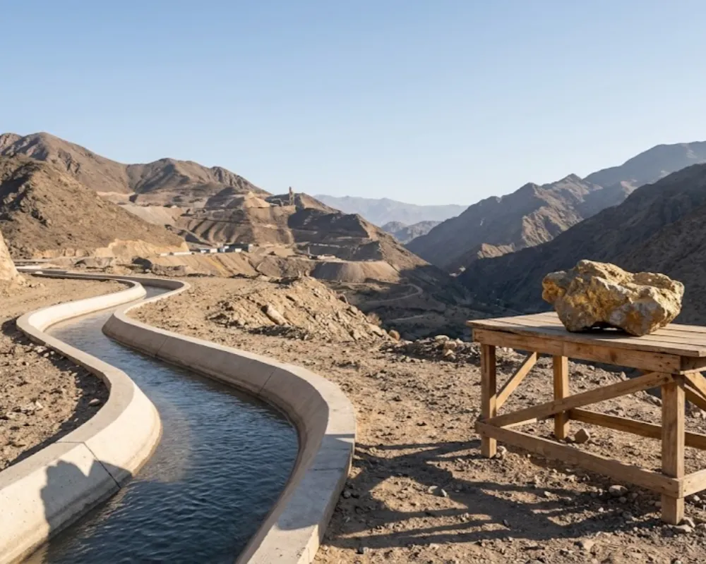 Contenido Original de ACERO Y ROCA - Prohibida su reproducción Imagen de paisaje profesional de Jáchal, San Juan, mostrando un canal de riego moderno con agua cristalina cruzando el desierto rocky, con las montañas mineras Imagen ilustrativa de Acero y Roca.
