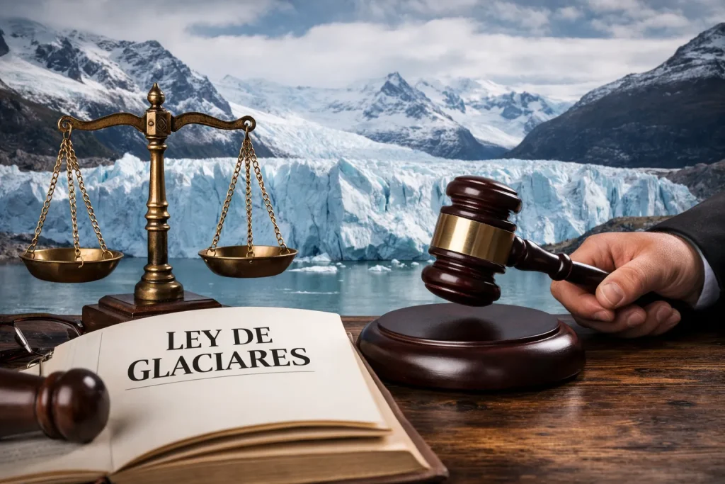 Contenido original de ACERO Y ROCA - Prohibida su reproducción Imagen de glaciares y la balanza que simboliza la justicia. Imagen de Acero y Roca