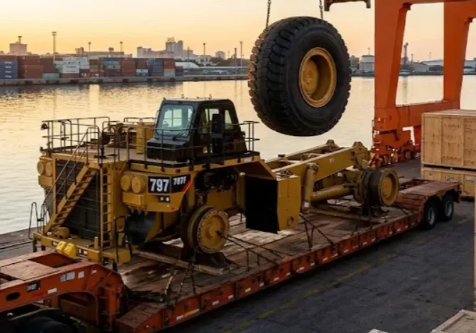 Camión minero fuera de ruta y maquinaria pesada en descarga portuaria para abastecer proyectos de cobre.